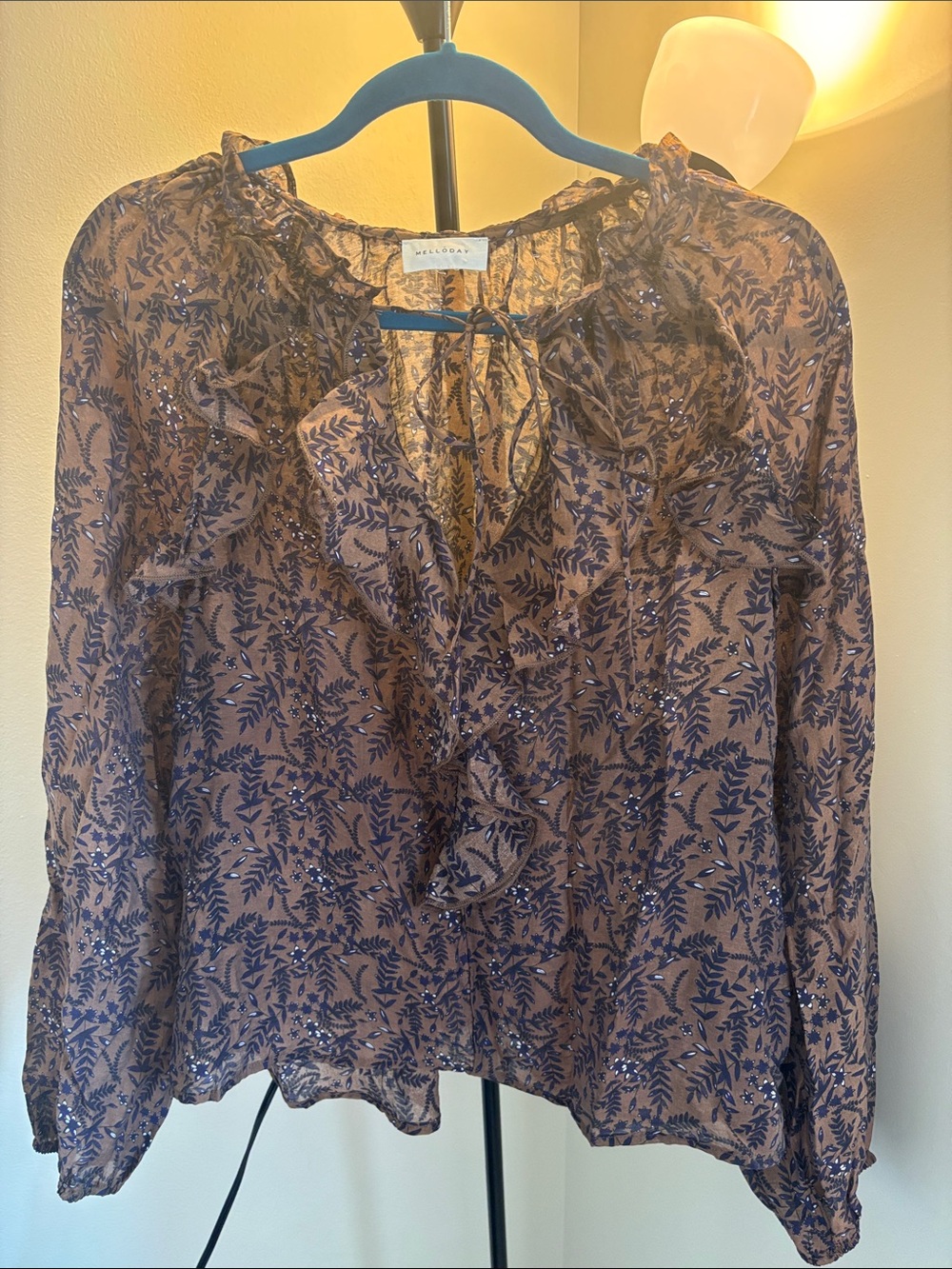 MELLODAY Brown Floral Sheer Long Sleeve with Navy Print